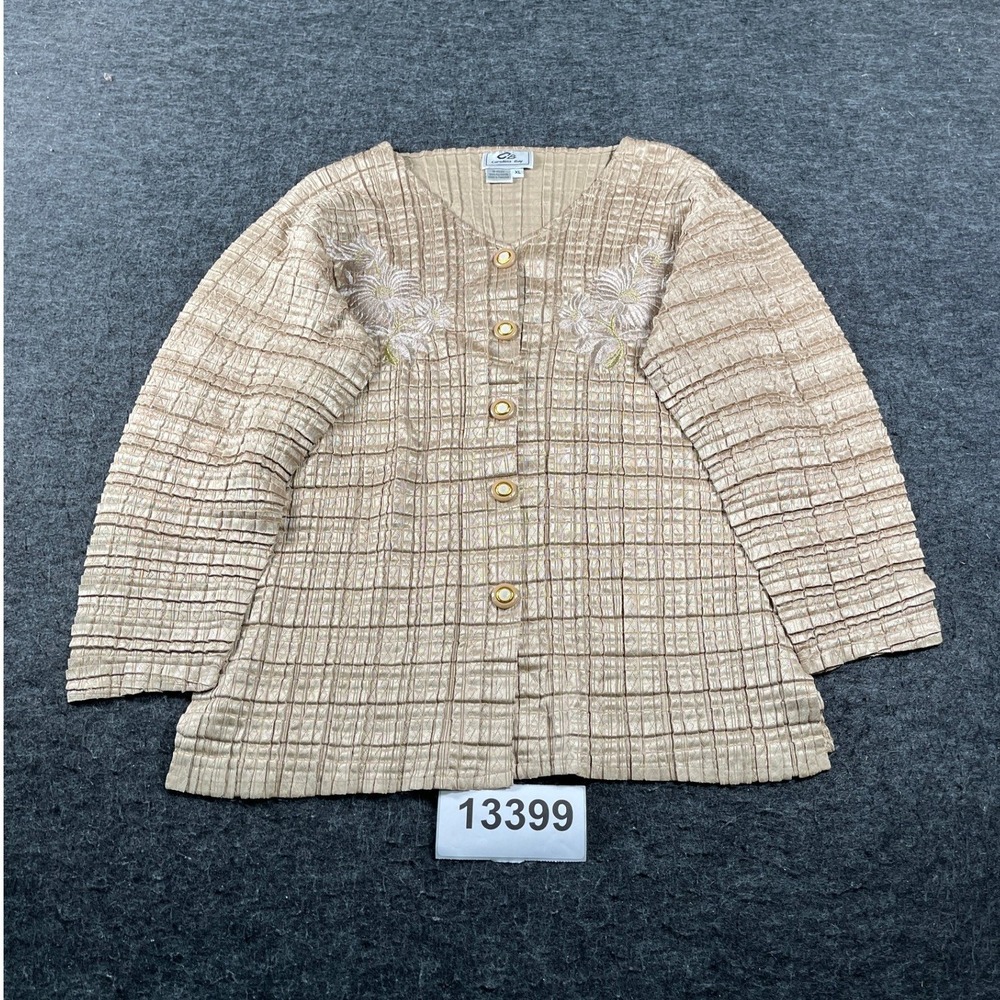 Carolina Bay Cardigan Women XL Tan Excellent Vintage Crinkle Embroidered Top